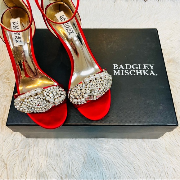 Badgley Mischka Red Satin Rhinestone Ankle Strap Heels 7M - Picture 2 of 9